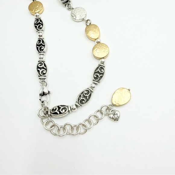 BRIGHTON Rivera Gold Silver Hammered Disk Crystal Brown Multi Cord Necklace - Picture 6 of 7